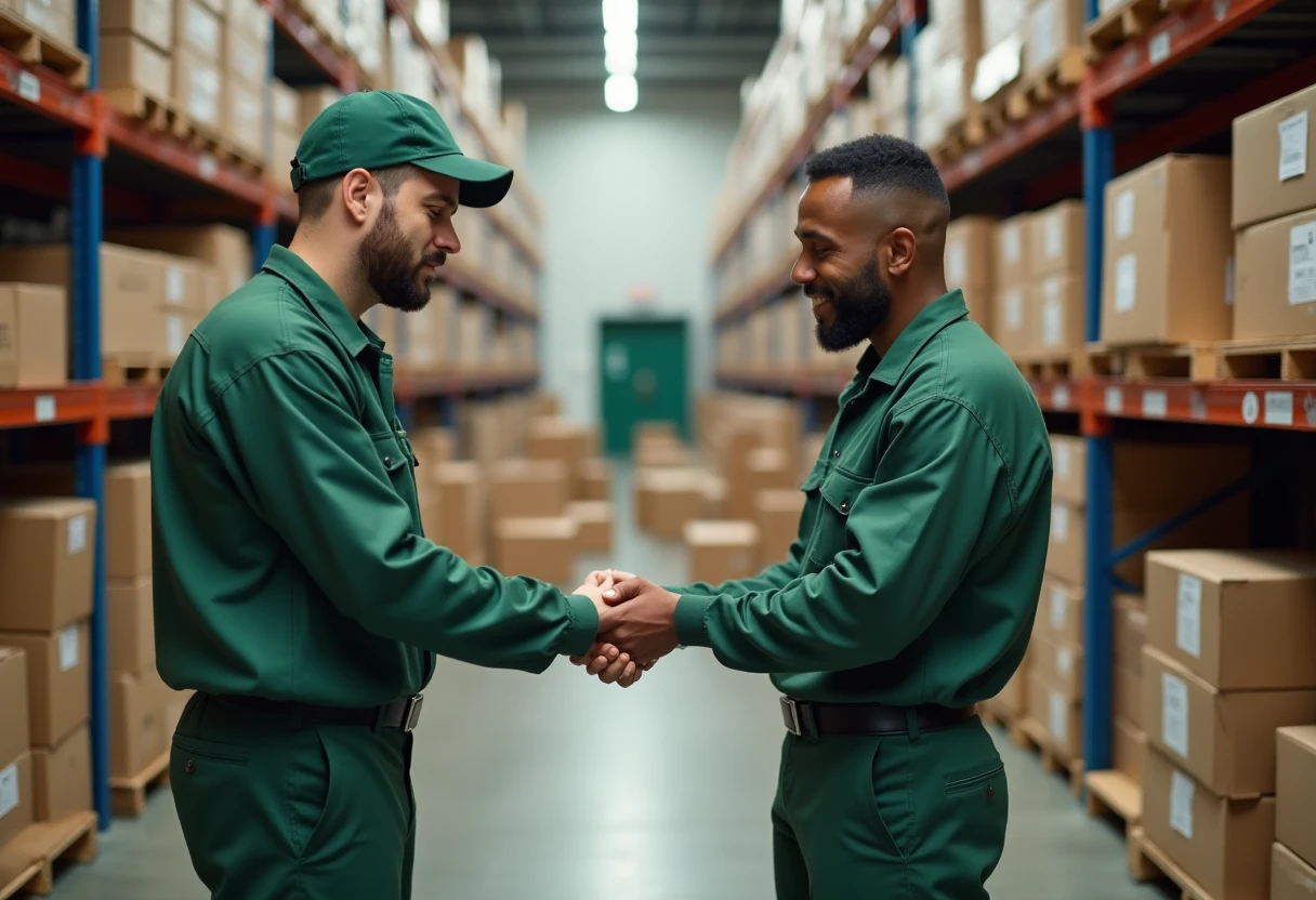 Warehouse workers organizing boxes
